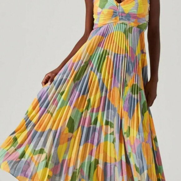 Yellow Boho Women's Floral Print Pleated Spaghetti Strap Sexy V-Neck Sundress - Picture 7 of 8